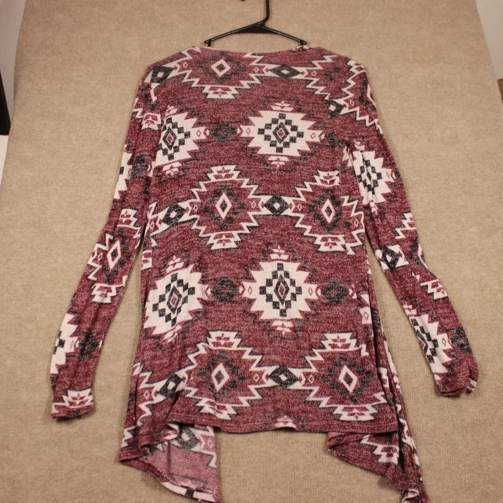 Justice Girls Burgundy Southwestern Tribal Print Open Front Cardigan Size 14